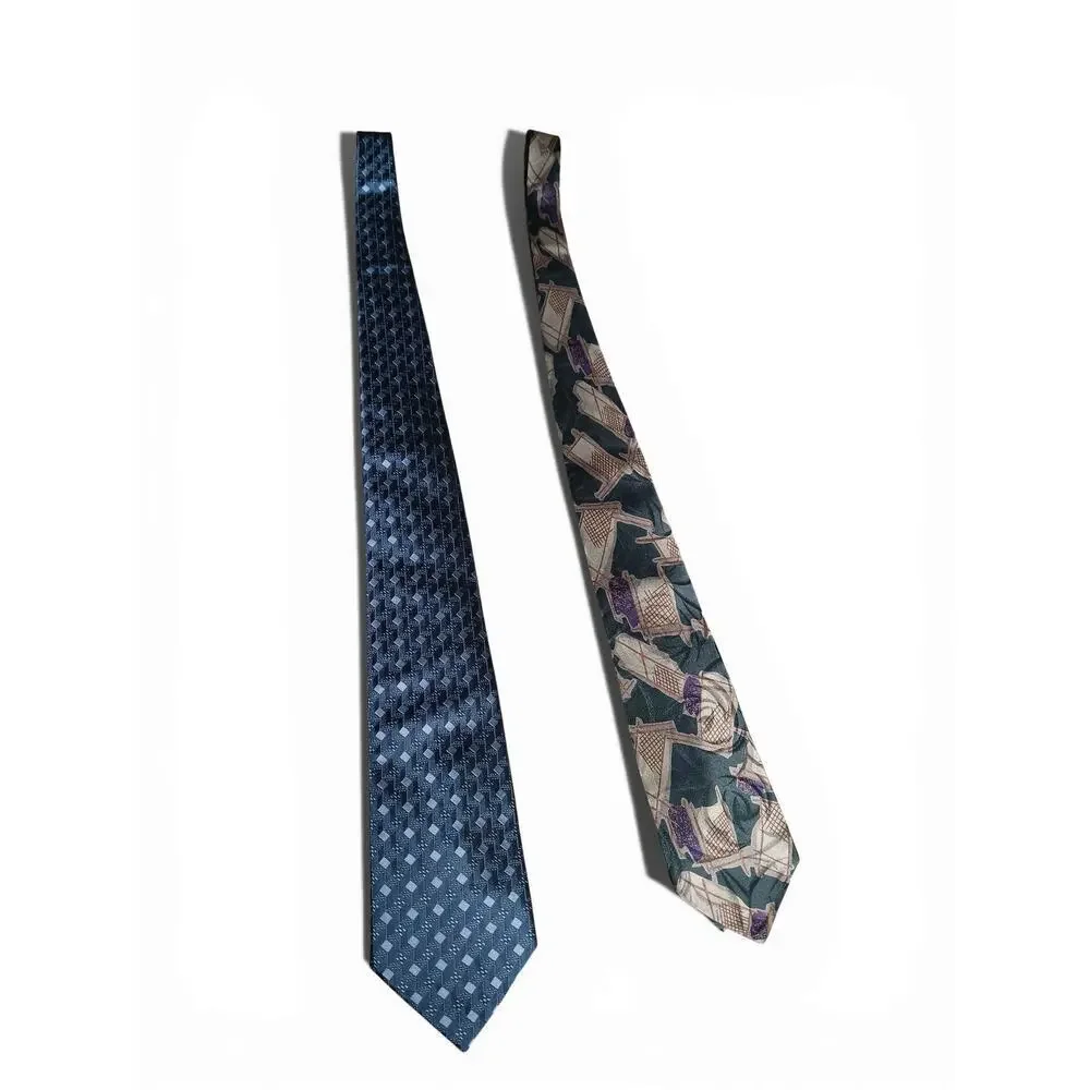 Calvin Klein 100% Silk Tie Lot 2pc Blue Geometric & Abstract Print 56”